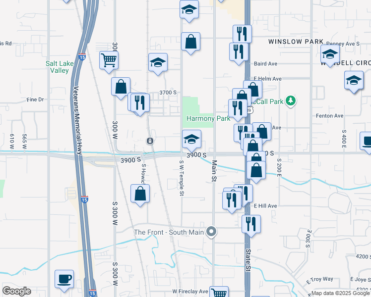 map of restaurants, bars, coffee shops, grocery stores, and more near 92 3900 South in South Salt Lake