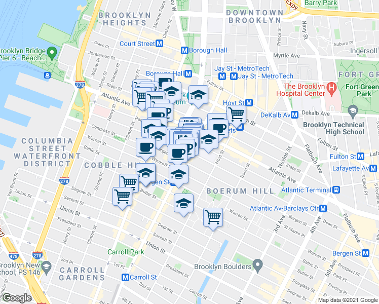 map of restaurants, bars, coffee shops, grocery stores, and more near Smith St & Dean St in Brooklyn
