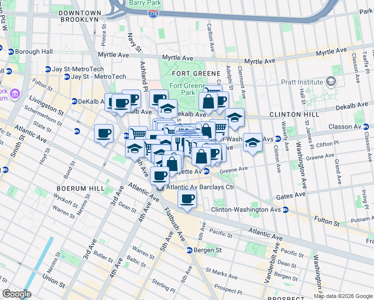map of restaurants, bars, coffee shops, grocery stores, and more near 75 Lafayette Avenue in Brooklyn