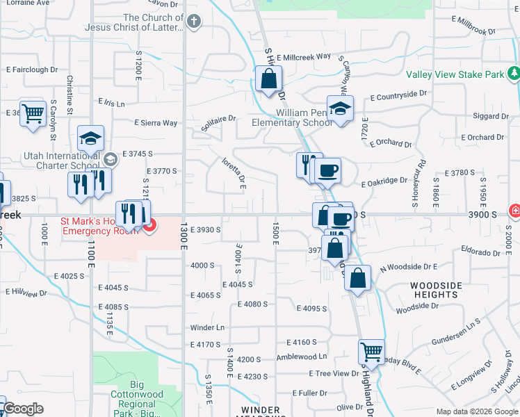 map of restaurants, bars, coffee shops, grocery stores, and more near 1459 East 3900 South in Salt Lake City