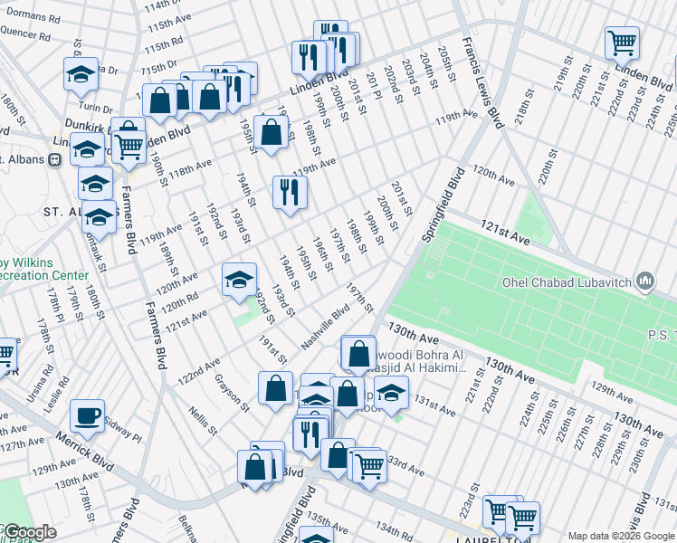 map of restaurants, bars, coffee shops, grocery stores, and more near 121-20 197th Street in Queens
