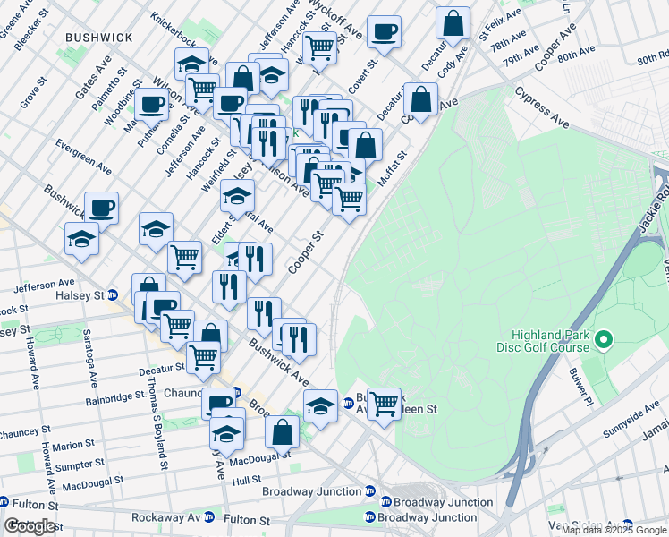 map of restaurants, bars, coffee shops, grocery stores, and more near 673 Central Avenue in Brooklyn