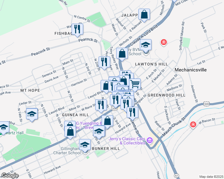 map of restaurants, bars, coffee shops, grocery stores, and more near in Pottsville