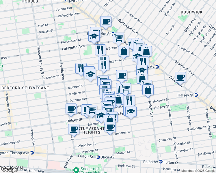 map of restaurants, bars, coffee shops, grocery stores, and more near 697 Madison Street in Brooklyn