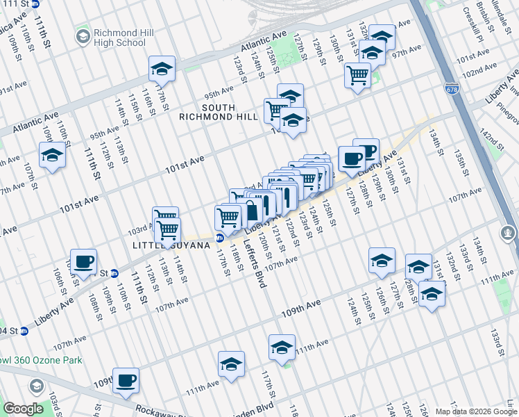 map of restaurants, bars, coffee shops, grocery stores, and more near 103-35 120th Street in Queens