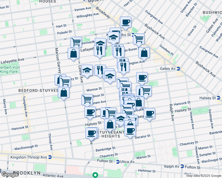 map of restaurants, bars, coffee shops, grocery stores, and more near 626A Monroe Street in Brooklyn