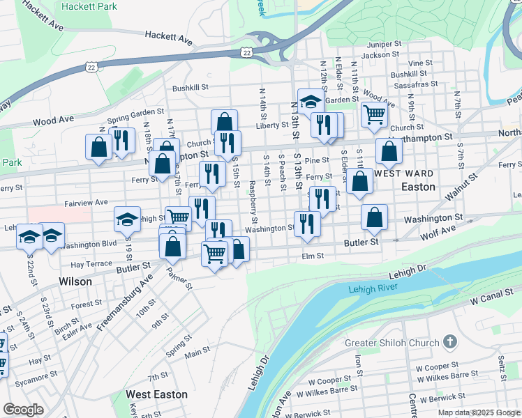 map of restaurants, bars, coffee shops, grocery stores, and more near 1411 Lehigh Street in Easton
