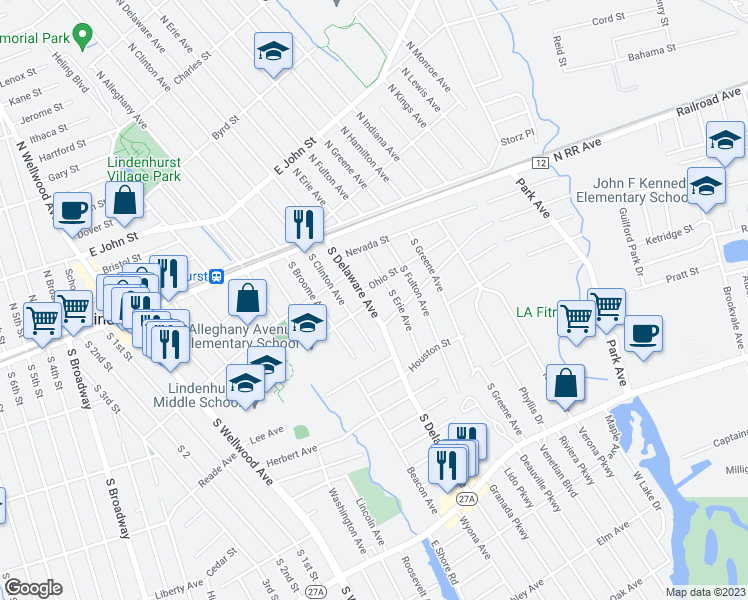 map of restaurants, bars, coffee shops, grocery stores, and more near 216 South Delaware Avenue in Lindenhurst