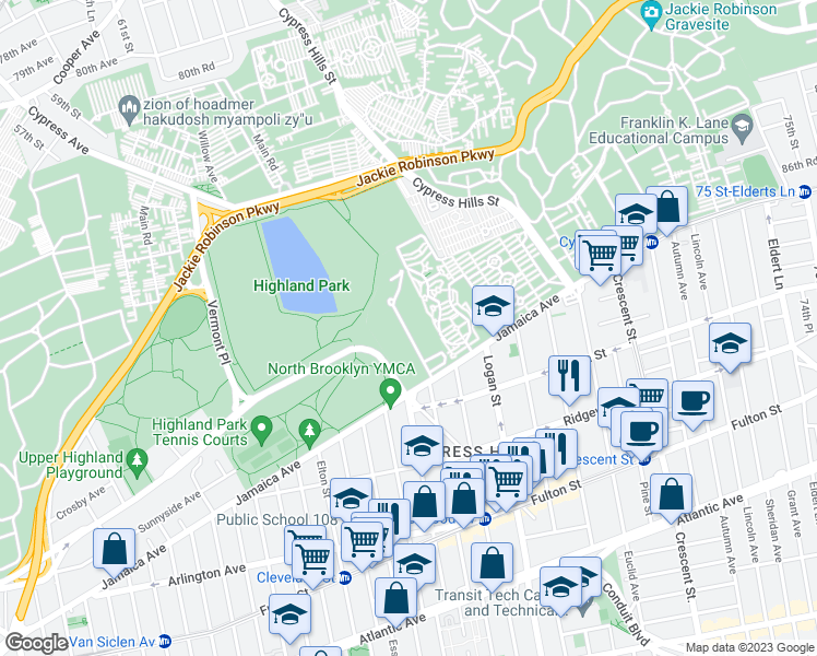 map of restaurants, bars, coffee shops, grocery stores, and more near 625 Jamaica Avenue in Brooklyn