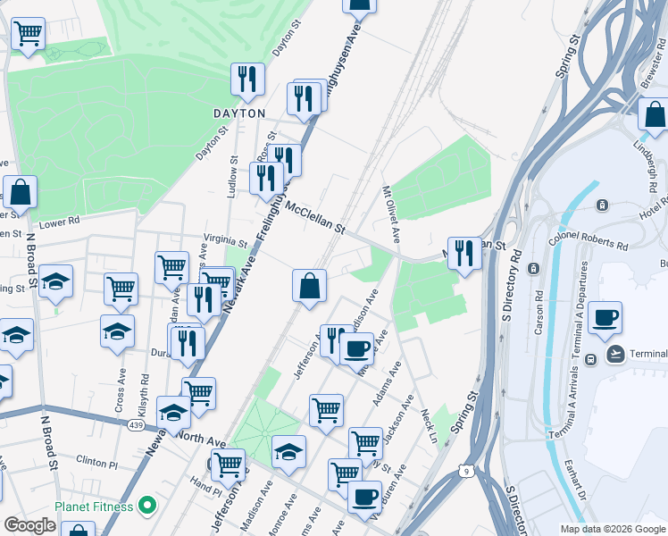 map of restaurants, bars, coffee shops, grocery stores, and more near 18 Pennsy Place in Newark