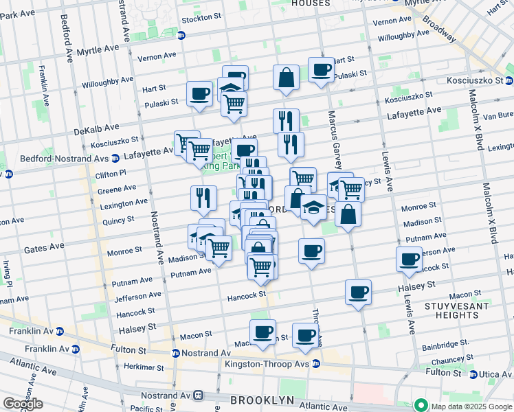 map of restaurants, bars, coffee shops, grocery stores, and more near 307 Tompkins Avenue in Brooklyn