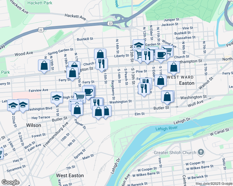 map of restaurants, bars, coffee shops, grocery stores, and more near 1411 Lehigh Street in Easton