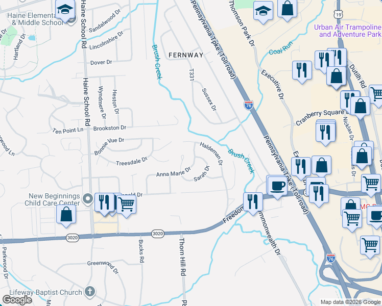 map of restaurants, bars, coffee shops, grocery stores, and more near 447 Anna Marie Drive in Cranberry Township