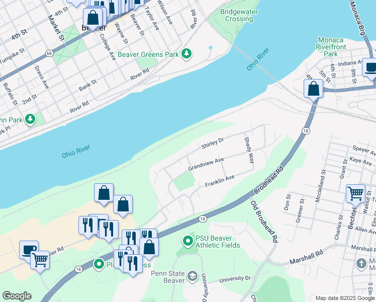 map of restaurants, bars, coffee shops, grocery stores, and more near 169 Shirley Drive in Monaca
