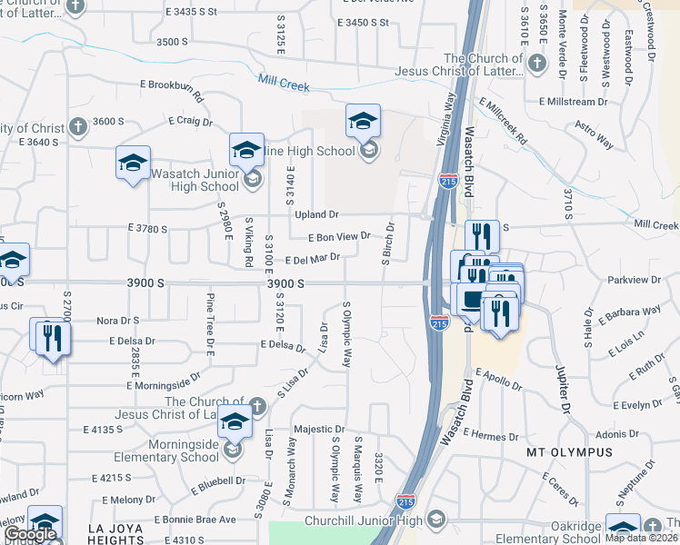 map of restaurants, bars, coffee shops, grocery stores, and more near 3230 East Del Mar Drive in Salt Lake City