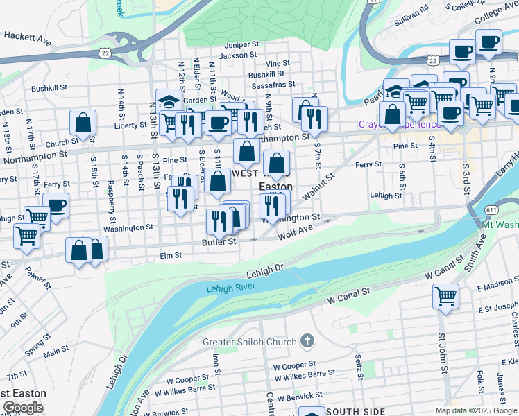 map of restaurants, bars, coffee shops, grocery stores, and more near 936 Lehigh Street in Easton