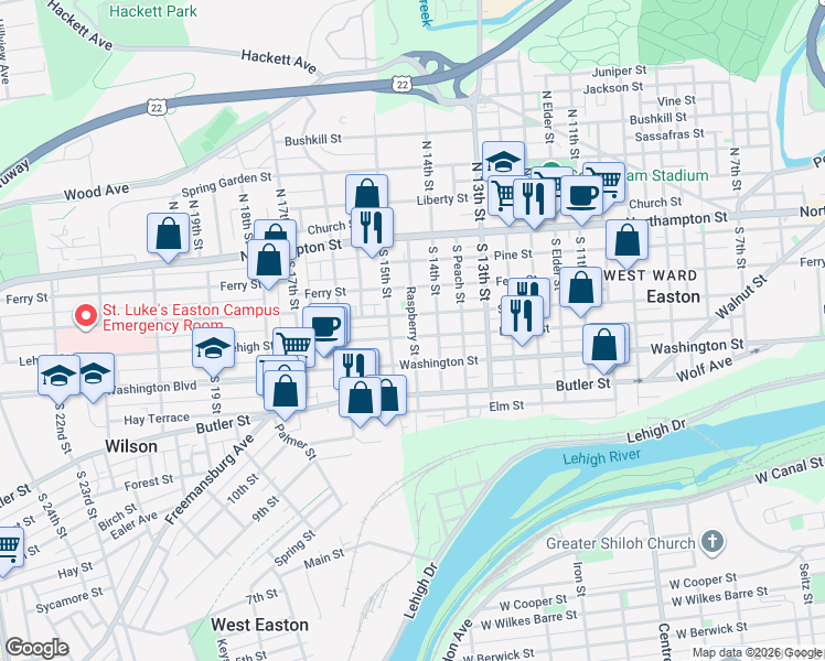 map of restaurants, bars, coffee shops, grocery stores, and more near 1437 Lehigh Street in Easton