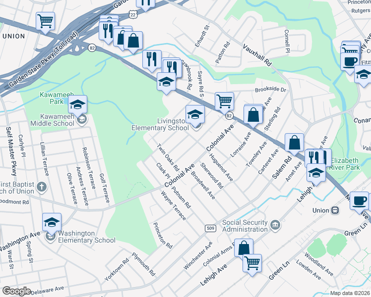 map of restaurants, bars, coffee shops, grocery stores, and more near 736 Midland Boulevard in Union