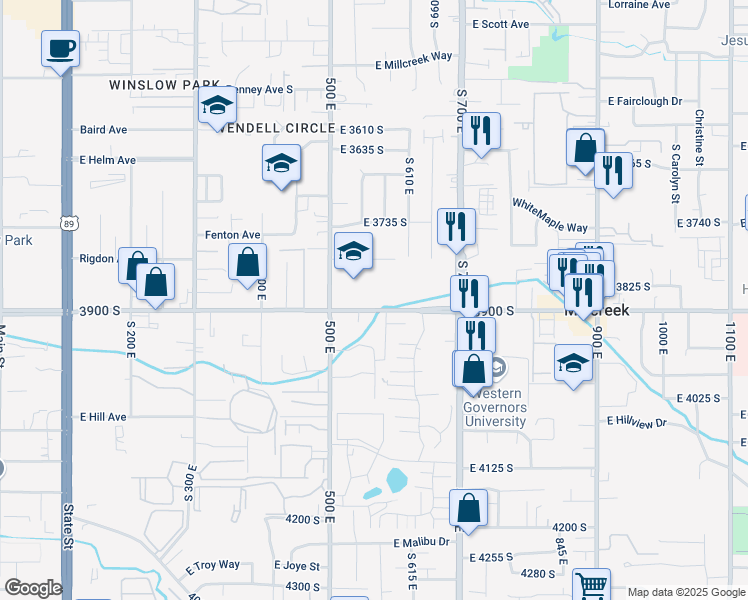 map of restaurants, bars, coffee shops, grocery stores, and more near 569 East Dolores Cove in Millcreek