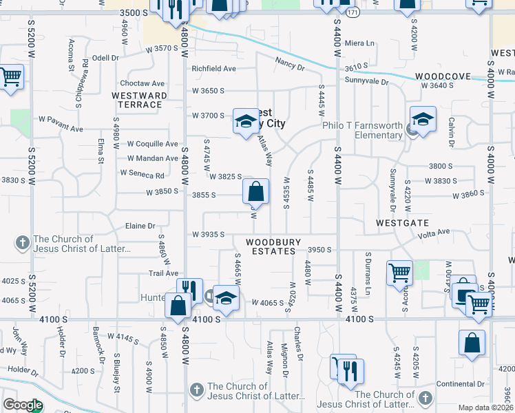 map of restaurants, bars, coffee shops, grocery stores, and more near 3877 South 4620 West in West Valley City