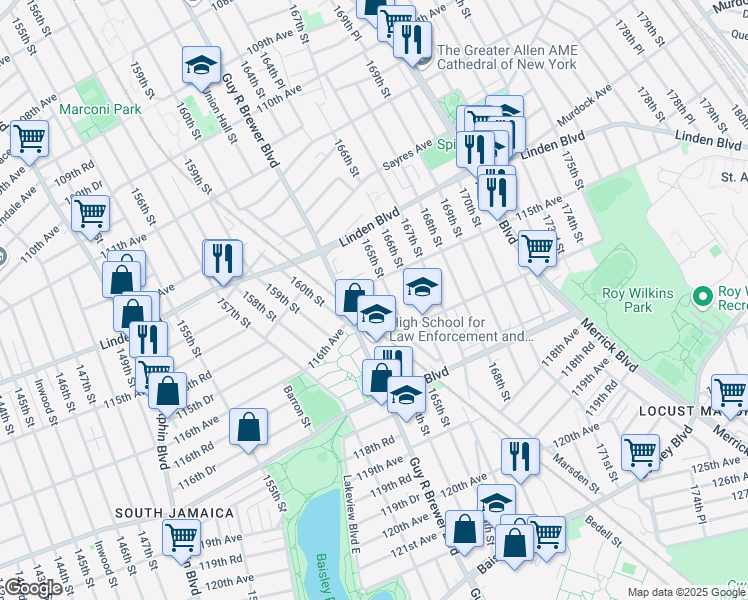 map of restaurants, bars, coffee shops, grocery stores, and more near 115-15 Marsden Street in Queens
