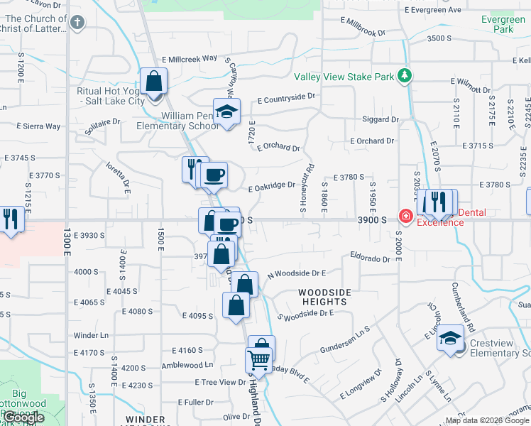 map of restaurants, bars, coffee shops, grocery stores, and more near 1801 East 3900 South in Salt Lake City