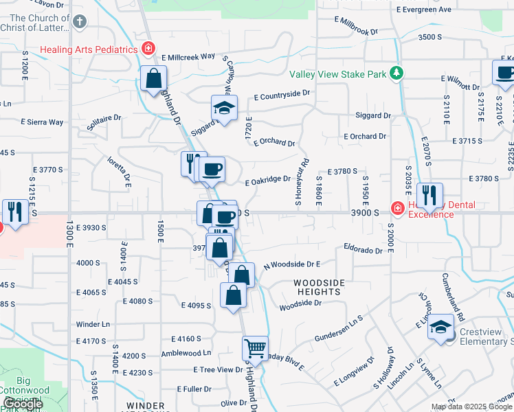map of restaurants, bars, coffee shops, grocery stores, and more near 3880 South Arroyo Road in Salt Lake City