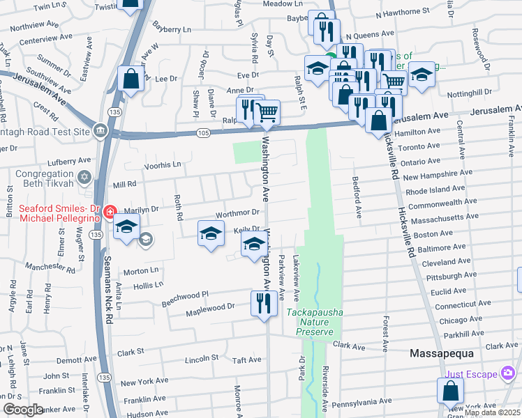 map of restaurants, bars, coffee shops, grocery stores, and more near 1493 Washington Avenue in Seaford