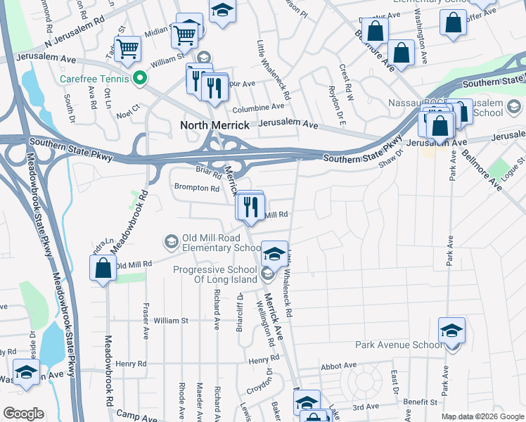 map of restaurants, bars, coffee shops, grocery stores, and more near 2 Newell Road in Merrick