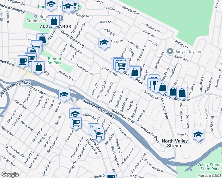 map of restaurants, bars, coffee shops, grocery stores, and more near 38 Goshen Street in Elmont