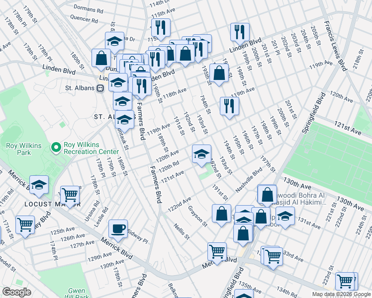 map of restaurants, bars, coffee shops, grocery stores, and more near 191-2 120th Avenue in Queens