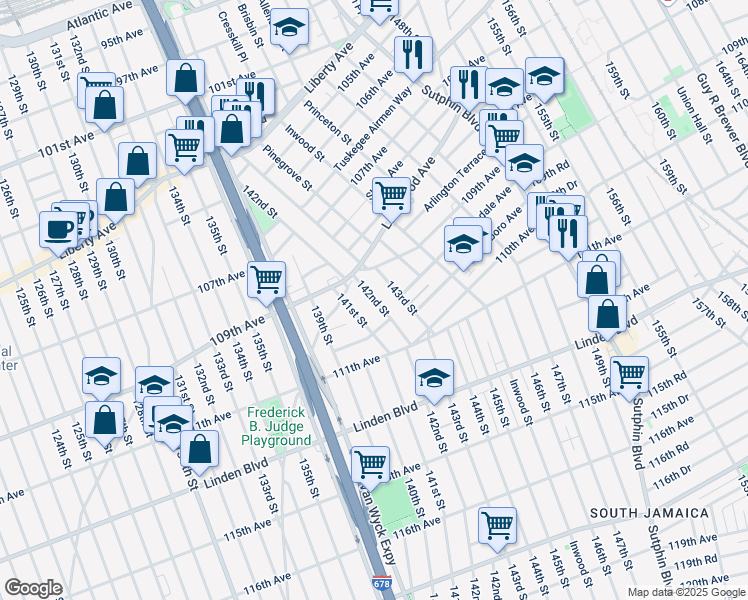 map of restaurants, bars, coffee shops, grocery stores, and more near 109-18 142nd Street in Queens