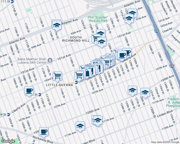 map of restaurants, bars, coffee shops, grocery stores, and more near 103-38 121st Street in Queens