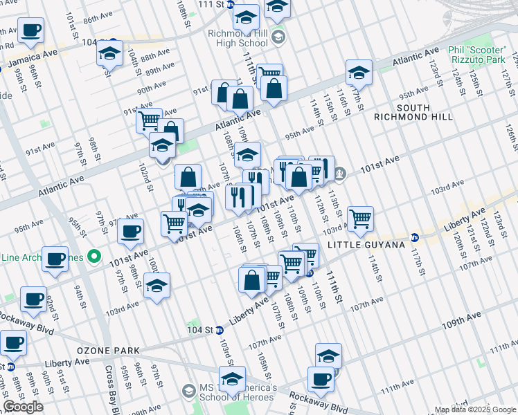 map of restaurants, bars, coffee shops, grocery stores, and more near 97-52 108th Street in Queens