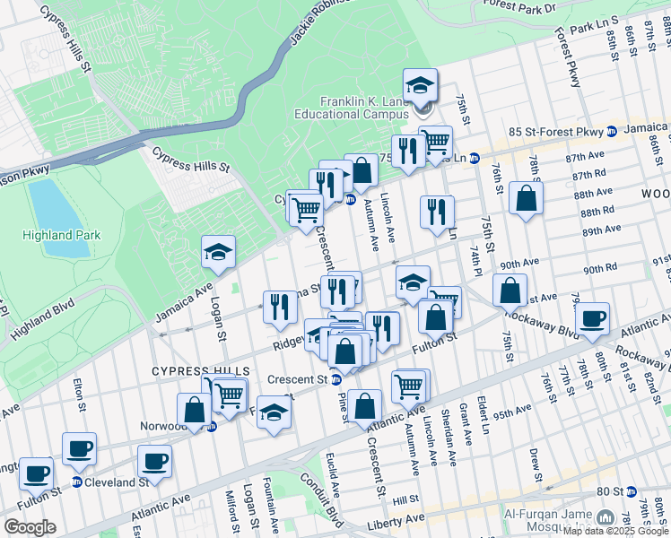 map of restaurants, bars, coffee shops, grocery stores, and more near 1 Cox Place in Brooklyn