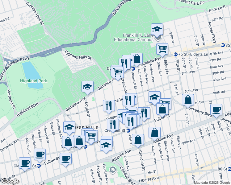 map of restaurants, bars, coffee shops, grocery stores, and more near 49 Euclid Avenue in Brooklyn