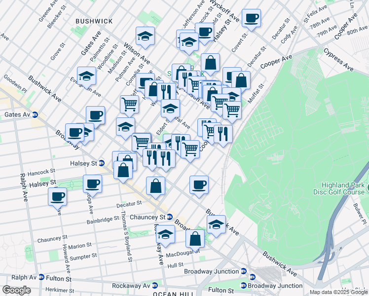 map of restaurants, bars, coffee shops, grocery stores, and more near 116 Schaefer Street in Brooklyn