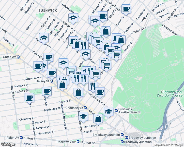 map of restaurants, bars, coffee shops, grocery stores, and more near 116 Schaefer Street in Brooklyn