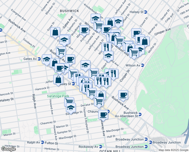 map of restaurants, bars, coffee shops, grocery stores, and more near 89 Eldert Street in Brooklyn