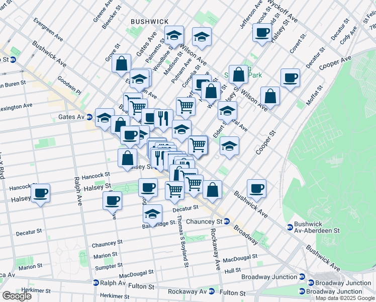 map of restaurants, bars, coffee shops, grocery stores, and more near 1259 Bushwick Avenue in Brooklyn