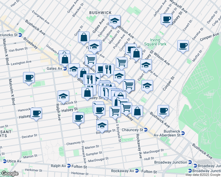 map of restaurants, bars, coffee shops, grocery stores, and more near 1024 Hancock Street in Brooklyn