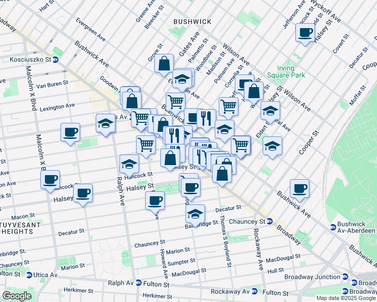 map of restaurants, bars, coffee shops, grocery stores, and more near 1045 Jefferson Avenue in Brooklyn
