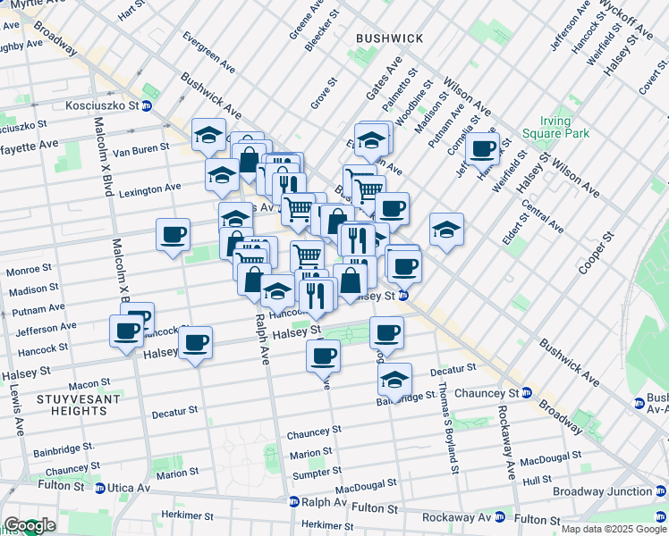 map of restaurants, bars, coffee shops, grocery stores, and more near 1021 Putnam Avenue in Brooklyn