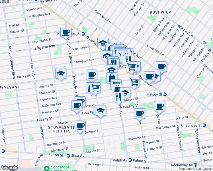 map of restaurants, bars, coffee shops, grocery stores, and more near 834 Madison Street in Brooklyn