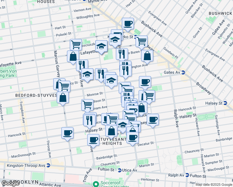 map of restaurants, bars, coffee shops, grocery stores, and more near 626A Monroe Street in Brooklyn