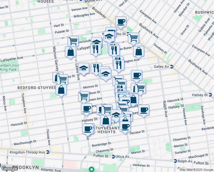 map of restaurants, bars, coffee shops, grocery stores, and more near 626A Monroe Street in Brooklyn