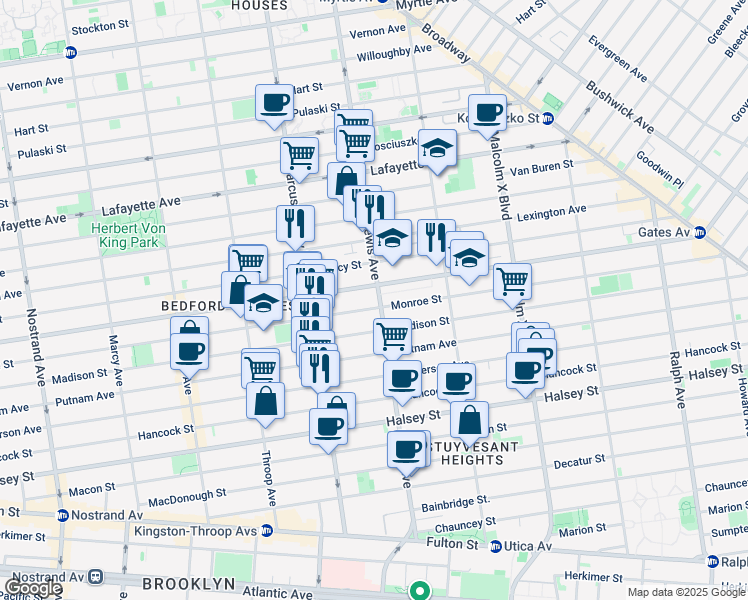 map of restaurants, bars, coffee shops, grocery stores, and more near 515 Monroe Street in Brooklyn