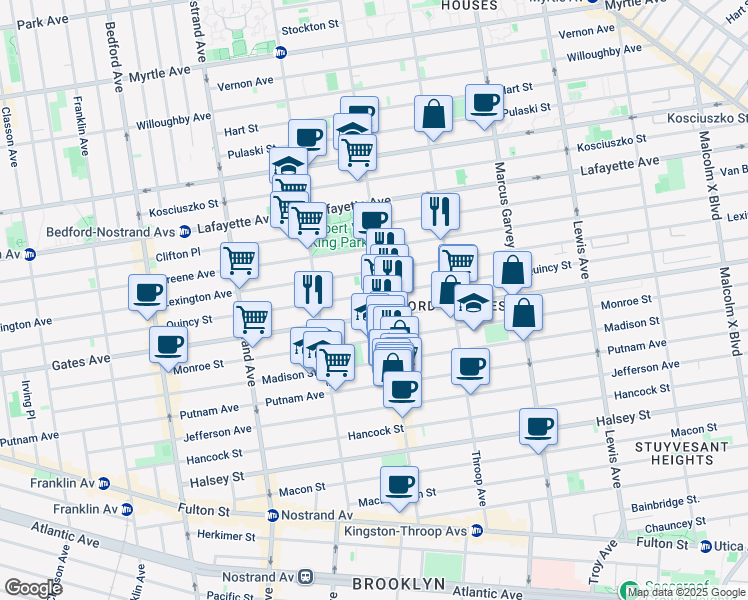 map of restaurants, bars, coffee shops, grocery stores, and more near 386 Quincy Street in Brooklyn