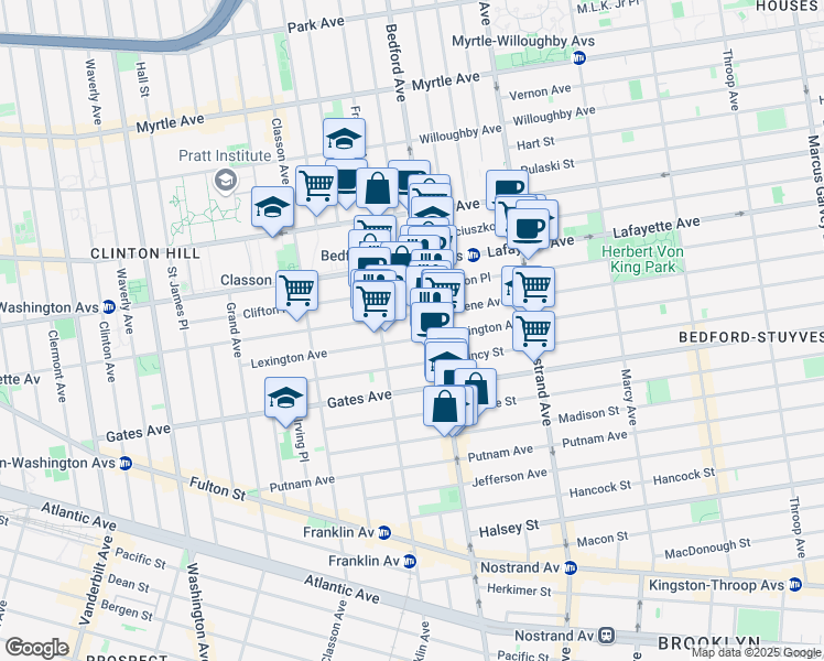 map of restaurants, bars, coffee shops, grocery stores, and more near 159 Lexington Avenue in Brooklyn
