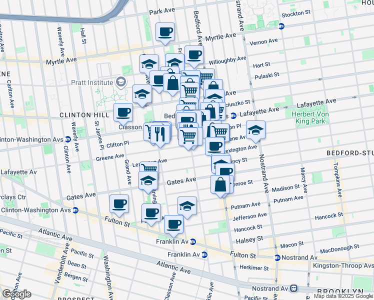 map of restaurants, bars, coffee shops, grocery stores, and more near 340 Greene Avenue in Brooklyn
